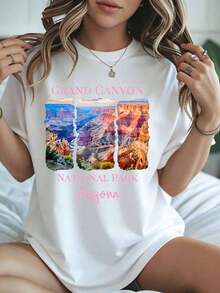 Women's T-Shirt With Vintage Design Of Arizona's Grand Canyon National Park, Vintage Urban Style, Unisex, Cotton, Short Sleeve, Round Neck, Loose Fit, Gift For Nature Lovers - 白色 - 查看 1