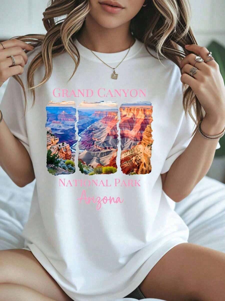 Women's T-Shirt With Vintage Design Of Arizona's Grand Canyon National Park, Vintage Urban Style, Unisex, Cotton, Short Sleeve, Round Neck, Loose Fit, Gift For Nature Lovers - 白色 - 查看 1
