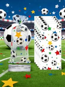 20pcs Football OPP Popcorn Bags, Transparent Football Pattern Gift Bags With Silver Twist Tie, Football Party Favor Bags, Suitable For Birthday, Party Supplies, Holiday Party Decorations, Gift Wrapping, Snacks Baking, Wedding Party, Football Theme Party - A - View 1