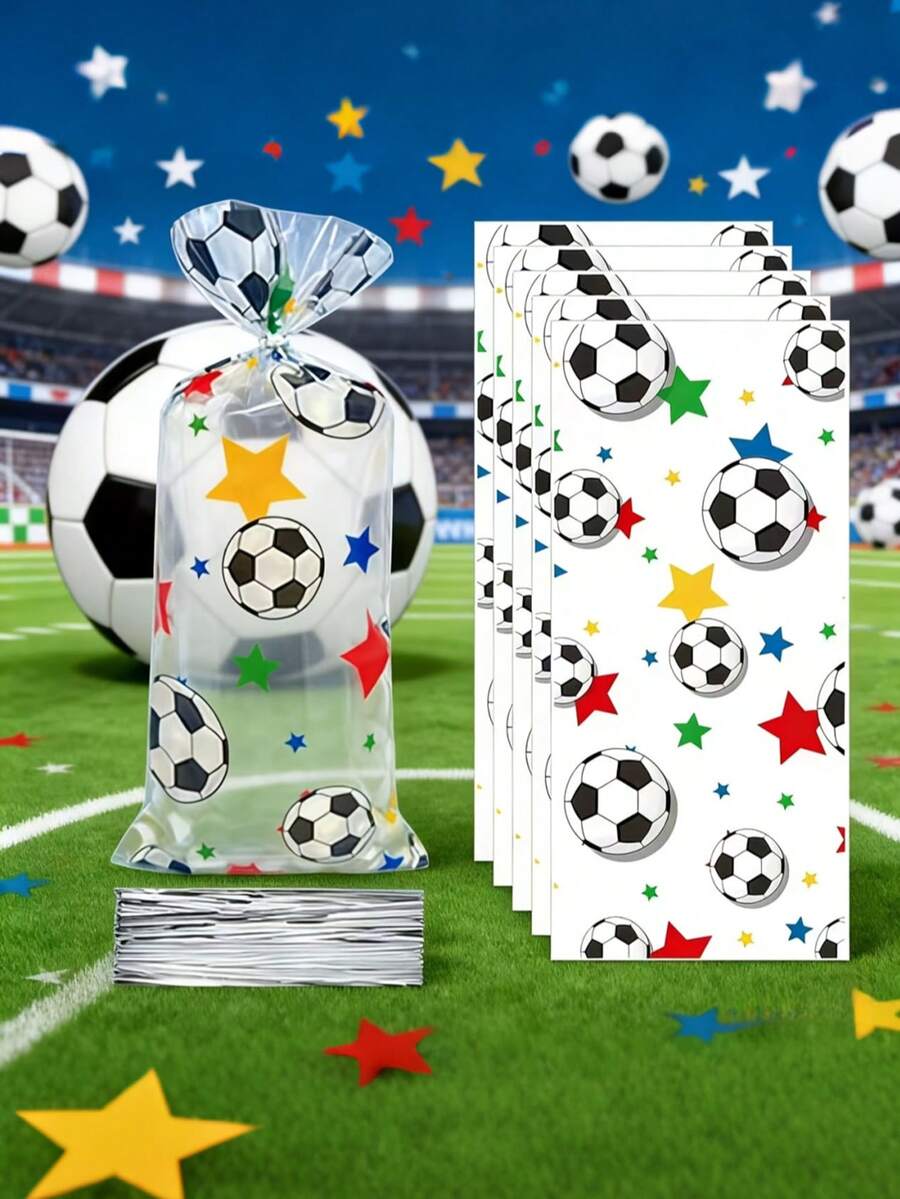 20pcs Football OPP Popcorn Bags, Transparent Football Pattern Gift Bags With Silver Twist Tie, Football Party Favor Bags, Suitable For Birthday, Party Supplies, Holiday Party Decorations, Gift Wrapping, Snacks Baking, Wedding Party, Football Theme Party - A - View 1
