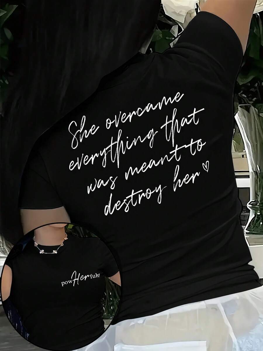 Camiseta Deportiva Casual para Mujer con Texto Inspirador en Cursiva - Camiseta Negra Elástica de Cuello Redondo, Lavable aáquina, Ajuste Cómodo y Perfecta para Todas las Estaciones, para Estilo Casual y Deportivo. - Negro - Ver 1