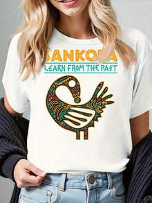 Women's T-Shirt With African Cultural Design Sancafa - Inspired By The Sancafa Bird Totem, Short Sleeve And Round Neck, Casual Style, Available In Black/Grey/White/Dark Red, Suitable For Traditional Ghanaian Outfits And Everyday Wear. - 白色 - 查看 1