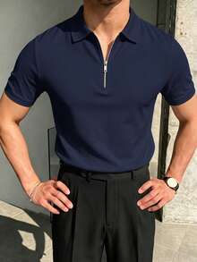 Men's Solid Color Half-Placket Casual Versatile Commuting Short Sleeve Polo Shirt - Navy Blue - View 4