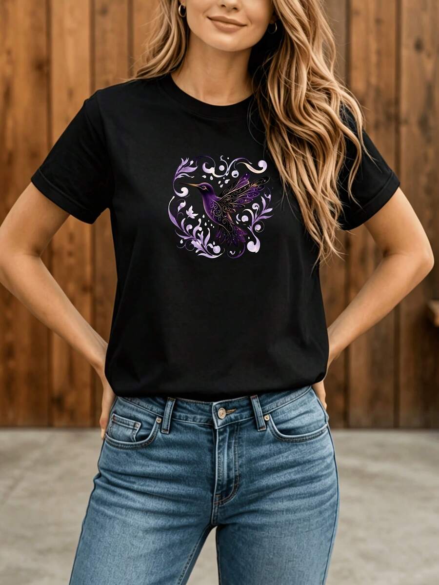 Camiseta Deportiva Casual para Mujer con Diseño Floral en Negro, Morado y Blanco - Camiseta Elástica de Cuello Redondo, Lavable aáquina, Ajuste Cómodo y Apta para Todas las Estaciones, Perfecta para un Estilo Fresco y Floral. - Negro - Ver 1