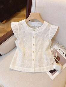 Camisa de mujer con botones y mangas cortas con bordado floral, versátil - Blanco - Ver 7