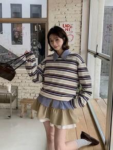 Falda casual de calle de color caqui con volantes en el bajo, estilo coreano y contraste de color para mujer - Caqui - Ver 6