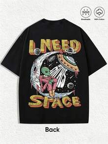Women's Casual Loose Fit T-Shirt With Alien Graphic Print "I Need Space", Breathable And Comfortable, 100% Cotton, Short Sleeve, Round Neck, Vintage Washed Black With Retro UFO And Planet Print, Perfect For Everyday Wear And Urban Space Style. - 黑色 - 查看 2