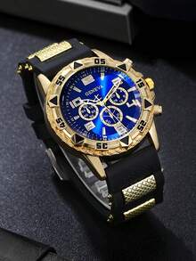 Bộ trang sức thể thao nam 2 món, bao gồm một đồng hồ bấm giờ mặt số xanh hai tông màu vàng/bạc, một vòng tay kiểu Cuban Link, một chiếc nhẫn khắc chữ và một mặt dây chuyền chữ M. - Nhiều màu - Xem 6