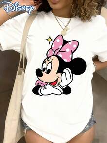 Disney Minnie Mouse Cheeky Print Women'S T-Shirt, Summer Bestie Outfit Casual Fashion Round Neck Short Sleeve Top, Cute Girly Cartoon Preppy Style Women'S Clothing, Outdoor Daily Casual Wear - trắng - Xem 6