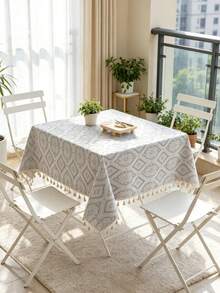 MineLain 1 Stück europäischer minimalistischer geometrischer Tischdecke, grau, Outdoor Tischdecke, 3D geprägtes Handwerk, beige Quasten Dekoration, faltbare Tischdecke, rechteckige Tischdecke, geeignet für Kommode, Schrank, tägliche Heimdekoration, Esszimmertisch Einstellung, geeignet für Familienküche, Esszimmer, Party, Feiertags-Event, Hotel, Picknick, Camping, Innen- und Außenbereich, alle Jahreszeiten, Frühling/Sommer - grauer Edelstein - Übersicht 7