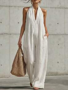 Women's Casual Sleeveless Jumpsuit Spring-Summer 2026, European American Minimalist And Elegant Style In Cotton Linen Fabric - 白色 - 查看 1