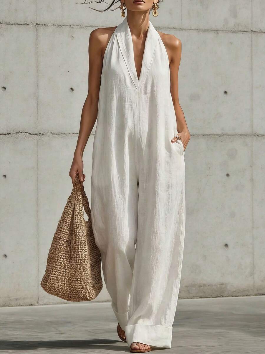 Women's Casual Sleeveless Jumpsuit Spring-Summer 2026, European American Minimalist And Elegant Style In Cotton Linen Fabric - 白色 - 查看 1