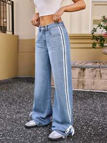 Jeans casuales sueltos de corte recto con rayas laterales para mujer ZZL, estilo Y2K con lazo de cinta. - Lavado ligero - Ver 3