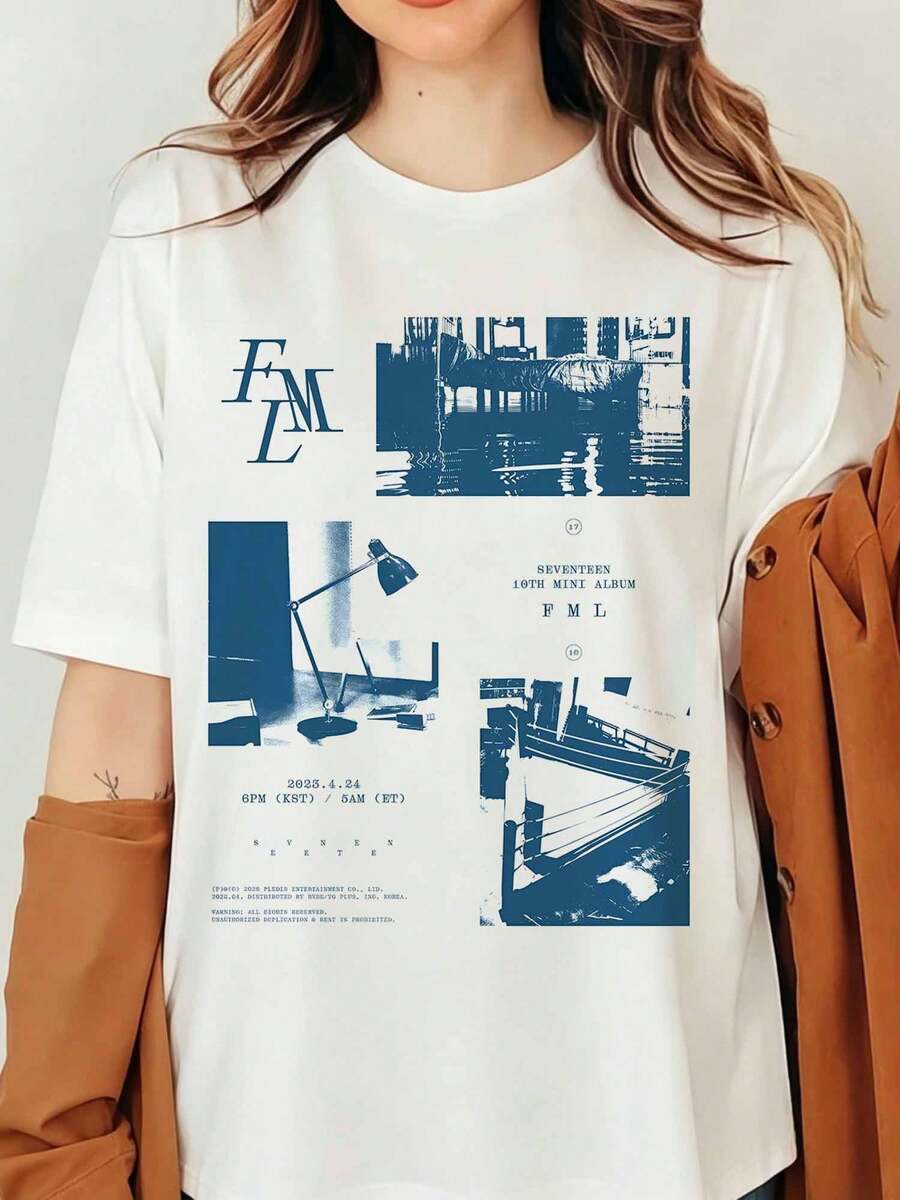 Seventeens FML Album K-Pop Merch T-Shirt, Seventeens FML Inspired Shirt, Seventeens 17 Is Right Here Album Shirt, Seventeens Right Here World Tour Shirt, Seventeens Members Nanatour, Graphic Print Crew Neck Short Sleeve T-Shirt In Blue Industrial Film Aesthetic Photo Retro Style For Women And Men Casual Streetwear - White - View 1