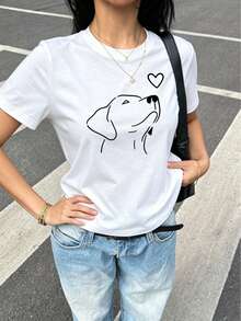 Camiseta de manga corta con cuello redondo, estilo casual y clásico para mujer, con estampado de cachorros y corazones; un estilo urbano versátil para el día a día. - Blanco - Ver 1