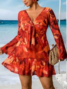 Vestido casual de mujer talla grande con estampado de flores de paisley, parches y mangas acampanadas para vacaciones y playa, vestido de verano bohemio, ropa occidental para mujer - Naranja - Ver 5