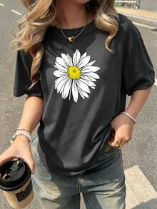 Camiseta clásica informal de manga corta y cuello redondo para mujer con estampado de margaritas, ideal tanto para el día a día como para ocasiones especiales. - Gris Oscuro - Ver 1