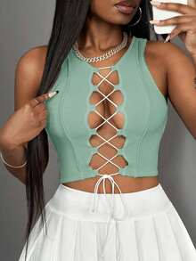 Top corto sin mangas con contraste de color acanalado, estilo casual básico, deportivo, sexy y de calle Y2K para mujeres - verde menta 2 - Ver 8