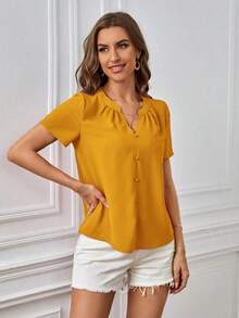 Blusa casual de mujer de unicolor con cuello en V y manga corta - Amarillo - Ver 4