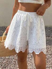 Pantalones cortos casuales de playa de encaje blanco con parches, adecuados para primavera y verano, vacaciones y bodas - Blanco 3 - Ver 6