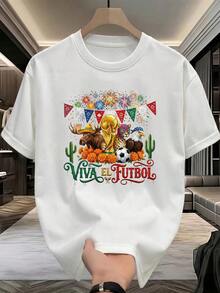 Officially Licensed VIVA EL FUTBOL World Cup Short-Sleeved T-Shirt, Made Of Breathable And Fashionable Mesh Fabric, Suitable For Adult Male And Female Couples. The Design Incorporates World Cup Elements, Including Trophies, Soccer Balls, And Symbols Of American Culture. - 白色 - 查看 1
