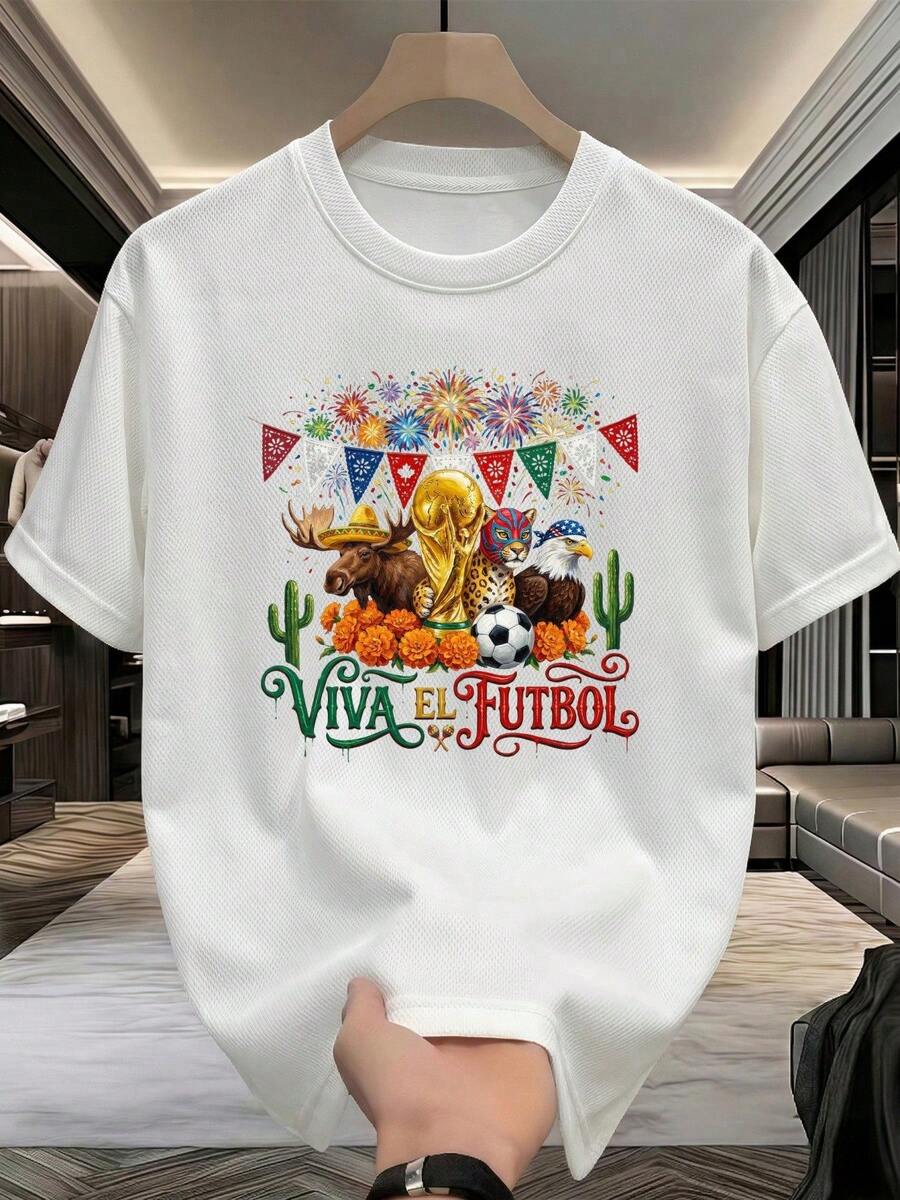 Officially Licensed VIVA EL FUTBOL World Cup Short-Sleeved T-Shirt, Made Of Breathable And Fashionable Mesh Fabric, Suitable For Adult Male And Female Couples. The Design Incorporates World Cup Elements, Including Trophies, Soccer Balls, And Symbols Of American Culture. - 白色 - 查看 1