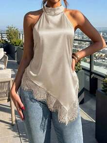Camiseta sin mangas elegante de unicolor con encaje asimétrico y cuello halter, de moda y casual, en color negro para el verano - Caqui - Ver 6