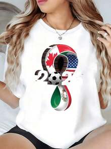 Symbol Of North American Unity With Soccer Ball And Flags Of Mexico, The United States, And Canada Celebrating The Sporting Passion Of 2026. Women's Printed T-Shirt, Comfortable, Casual, Modern. - 白色的 - 查看 1