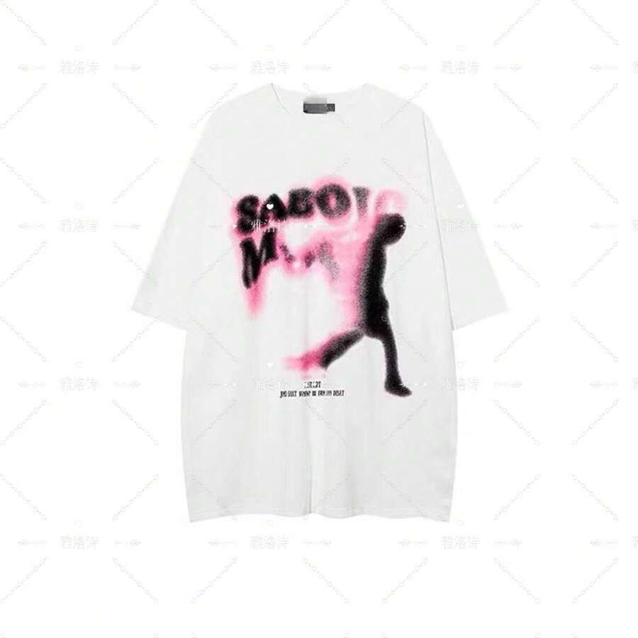 Men's And Women's American Urban Style Short-Sleeved T-Shirt Made Of Thick Cotton, Featuring A Modern And Elegant Letter Print And Silhouette, With A Loose And Versatile Fit. - 黑色 - 查看 1