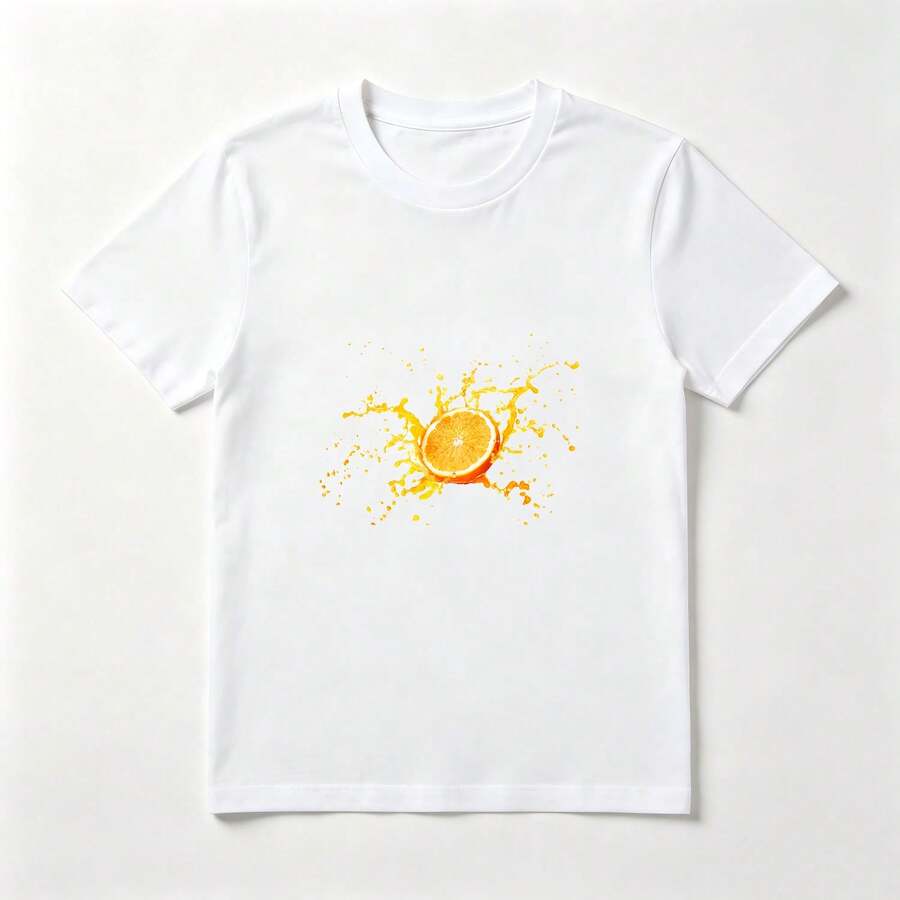 Orange Splattered Refreshing White Cotton T-Shirt For Summer - 白色 - 查看 1