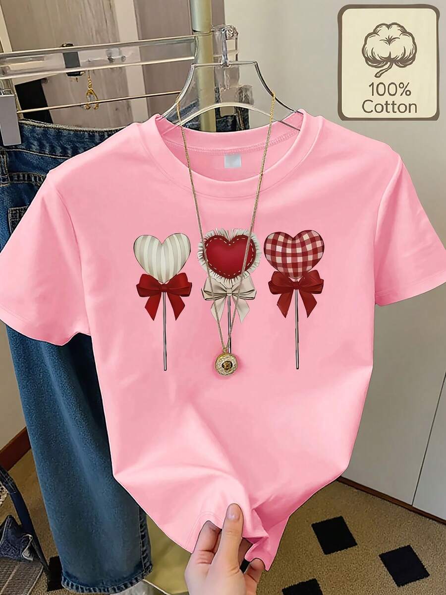 Plus Size - Plus Size - Women's Plus Size Casual Printed Short Sleeve T-Shirt With Round Neck And Heart-Shaped Bow Decorations - Pink - View 1