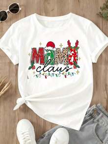 Women's Mrs. Claus Christmas T-Shirt, Festive T-Shirt With Santa Hat And Reindeer Design, Christmas Lights Print, Vintage Casual Style, Unisex, Cotton, Short Sleeve, Round Neck, 100% Cotton - 白色 - 查看 4