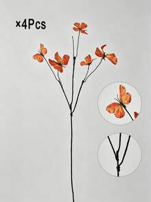 4/2/1pc Orange Artificial Butterfly Flower Branches,29.53"Silk Fake Butterfly Flower Realistic Artificial Flowers For Home Wedding Party Decor, DIY Vase Arrangements Decoration Supply, Living Room Table Decorations, Summer Father's Day Floral - Orange - View 6