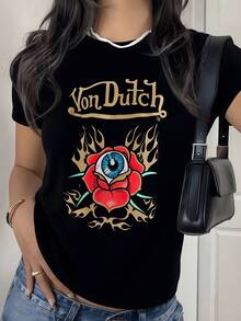 Fiery Rose With A Blue Eye Symbolizing Inner Vigilance And Luminous Passion. Modern And Comfortable Women's T-Shirt For Everyday Wear. - 黑色 - 查看 8