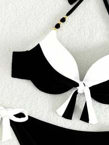 Conjunto de bikini de dos piezas de cobertura completa con aros de realce, liso, para playa de verano - Blanco y Negro - Ver 6