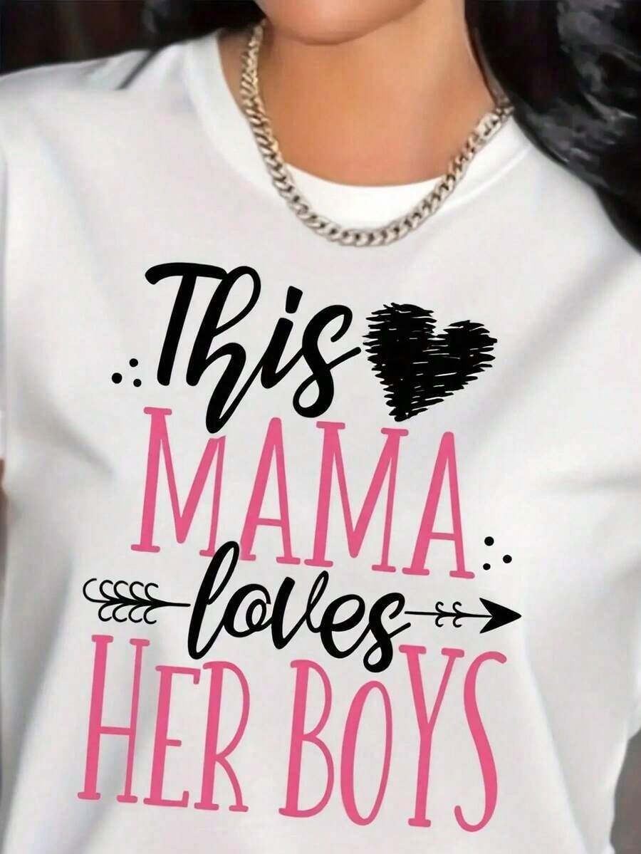 Camiseta casual para mujer, de cuello redondo y manga corta, esta camiseta "Mom Loves Her Son" - una camiseta para mamá con un diseño de corazón, suave y de manga corta, adecuada para el uso diario casual de las madres y como regalo de cumpleaños. - Blanco - Ver 1