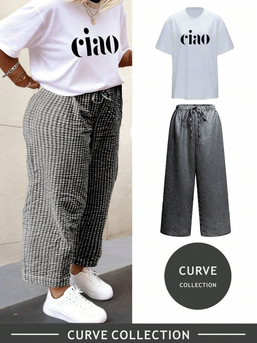 Plus Size Women 2pcs Set: Letter Print Short Sleeve T-Shirt And Plaid Pants Black Elegant - 黑色 - 查看 1