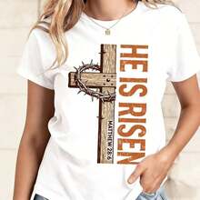Women's Clothing Women's Casual Cotton T-Shirt With Round Neck And Short Sleeves 'He Is Risen' With Christian Graphic Print Women's Shirts - 白色 - 查看 5