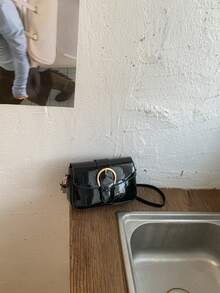 Women's Flap Top Small Handbag, Fashion Metal Buckle Decor Square Bag, Shoulder Crossbody Bag - Black - View 3