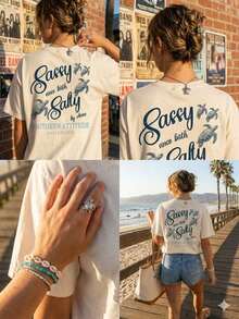 Women's Summer T-Shirt With Turtle Print And "Sassy Since Salty" Graphic, Women's Summer Graphic Tees, Turtle And Ocean Print T-Shirt, Suitable For Summer, Beach Vacation, Beachwear, Suitable For Loose And Comfortable T-Shirts, White T-Shirt. - 白色 - 查看 4