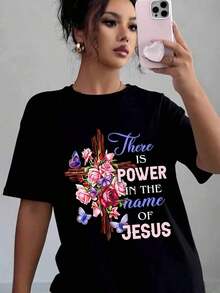 Women's Casual T-Shirt With Floral Cross Print And The Phrase "There Is Strength In The Name Of Jesus", Soft And Comfortable, Gift For Easter And Christmas - 黑色 - 查看 5