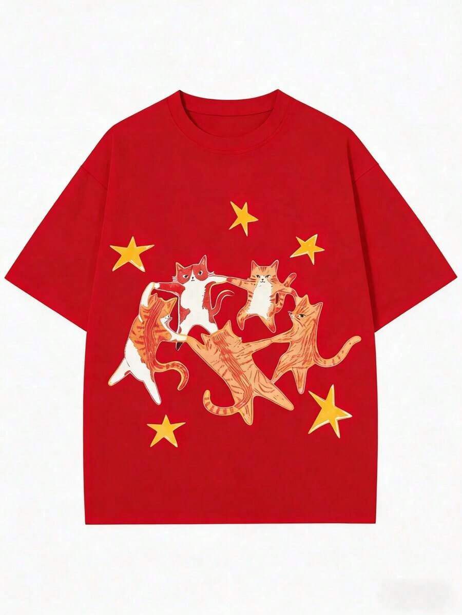 Mexican Basic Summer T-Shirt, Y2K Style, New Hip-Hop With Dancing Cat And Star Print, Unisex Retro T-Shirt, Cool, Versatile, Comfortable And Loose Fit, Short Sleeve Summer T-Shirt 2P7U-Vintage Street Style Unisex Loose Cotton Short Sleeve Crew Neck T-Shirt New Launch - 紅色 - 查看 1