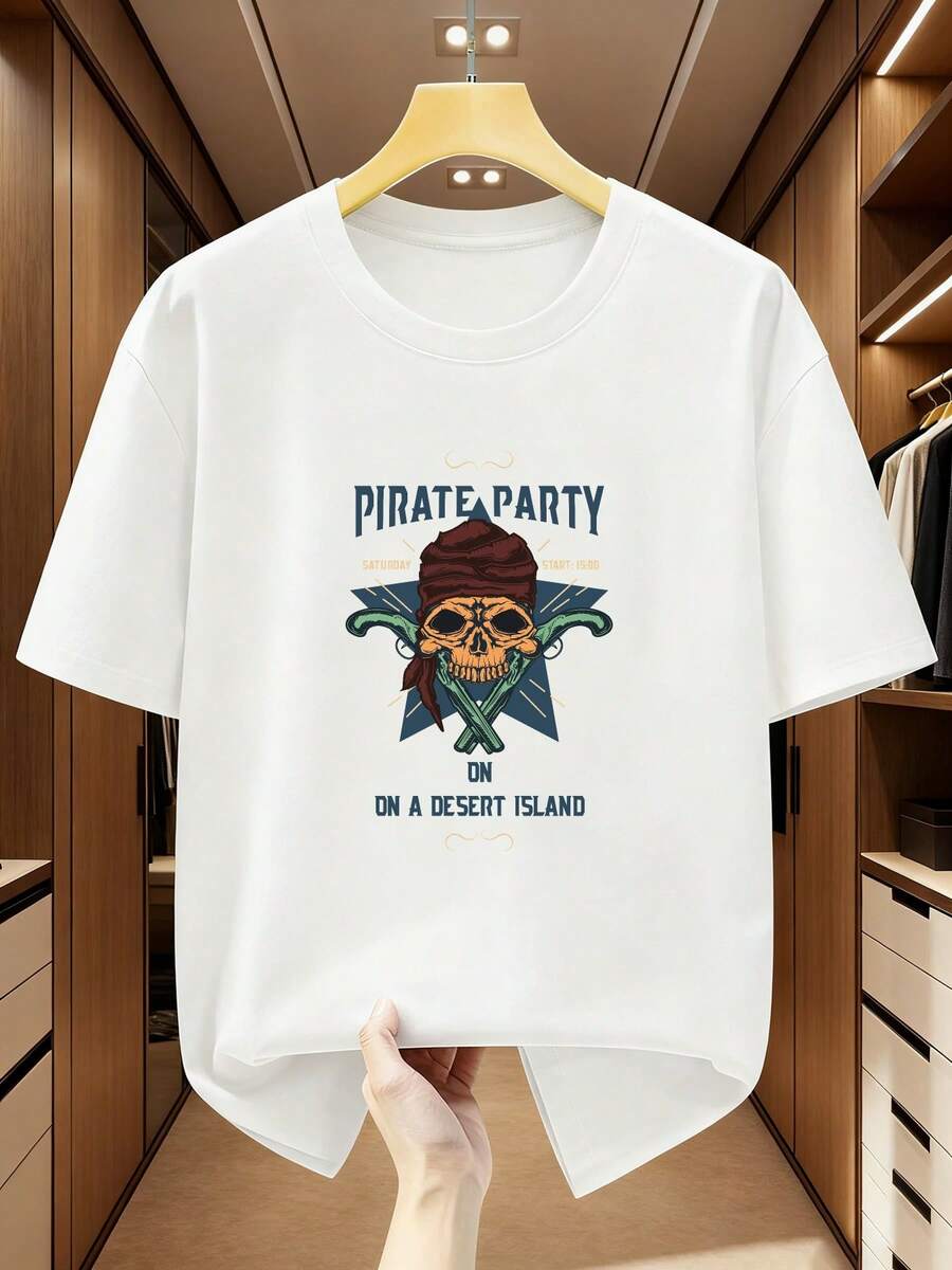 Men's Plus Size T-Shirt, 100% Cotton, Pirate Party Skull Print, Crew Neck, Short Sleeve, Unique Desert Island Theme Design, Comfortable Casual Summer T-Shirt, PLUS SIZE - 白色 - 查看 1