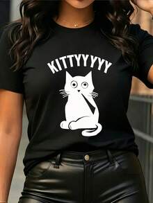 Camiseta Estampada para Mujer - Camiseta Casual de Manga Corta y Cuello Redondo en Negro con Texto KITTYYY y Divertido Diseño de Gato de Caricatura, Corte Relajado para Todas las Estaciones, Perfecta para Uso Diario y Atuendos de Vacaciones (Lavable aáquina). - Negro - Ver 6