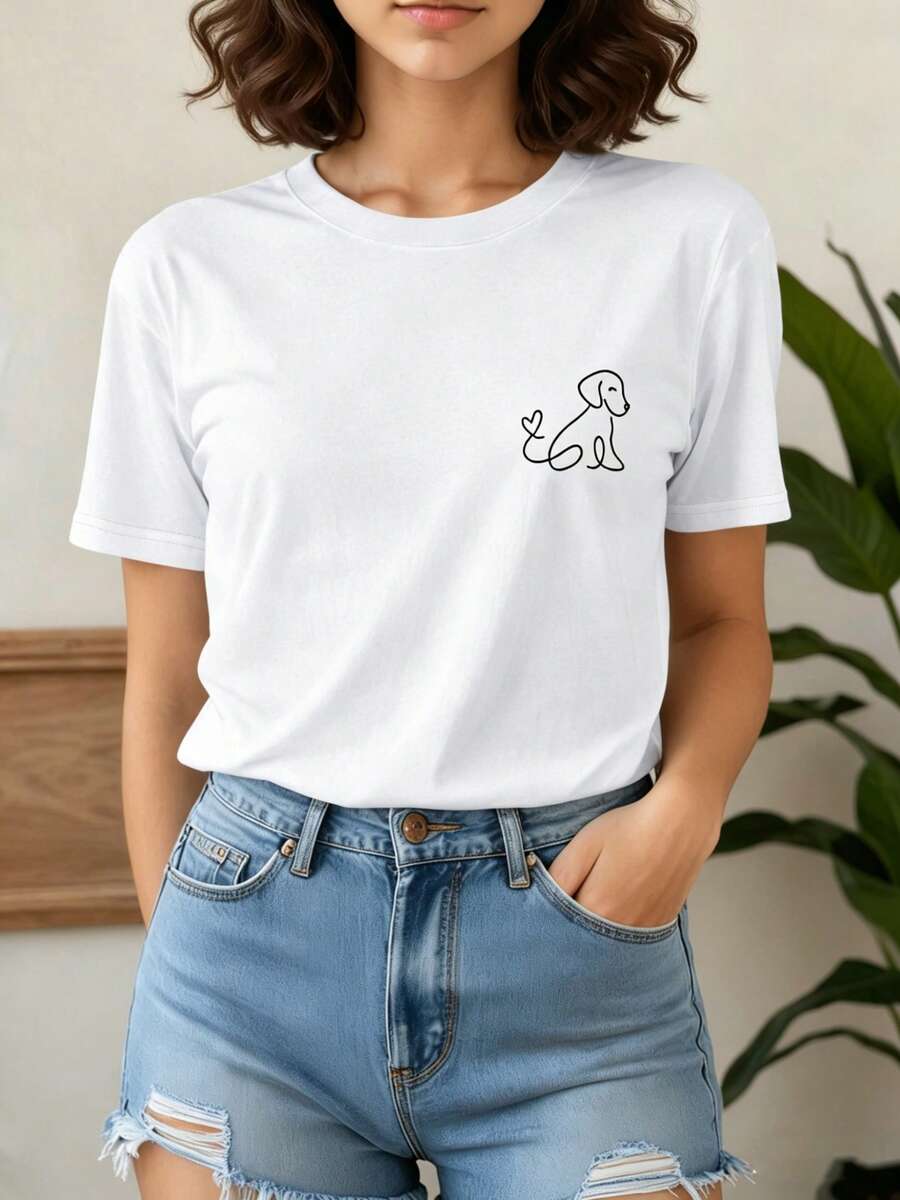 Women's T-Shirt: This Women's Summer T-Shirt Features An Adorable Seated Puppy Print, Perfect For Pet Lovers And Everyday Casual Wear. It Has A Relaxed Fit, A Stylish Round Neck, Short Sleeves, And Is A Fashionable Casual Top Ideal For Parties, Holiday Gifts, And Everyday Use. - 白色 - 查看 1