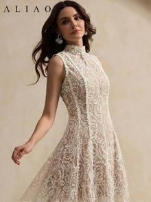 Vestido transparente con empalme de malla y bordado de paisley elegante de Aliao, adecuado para la temporada de bodas, el Día de San Valentín, eventos de fiesta, estilo retro, estilo palaciego, atuendo llamativo, uso diario elegante, primavera/verano - Albaricoque - Ver 1