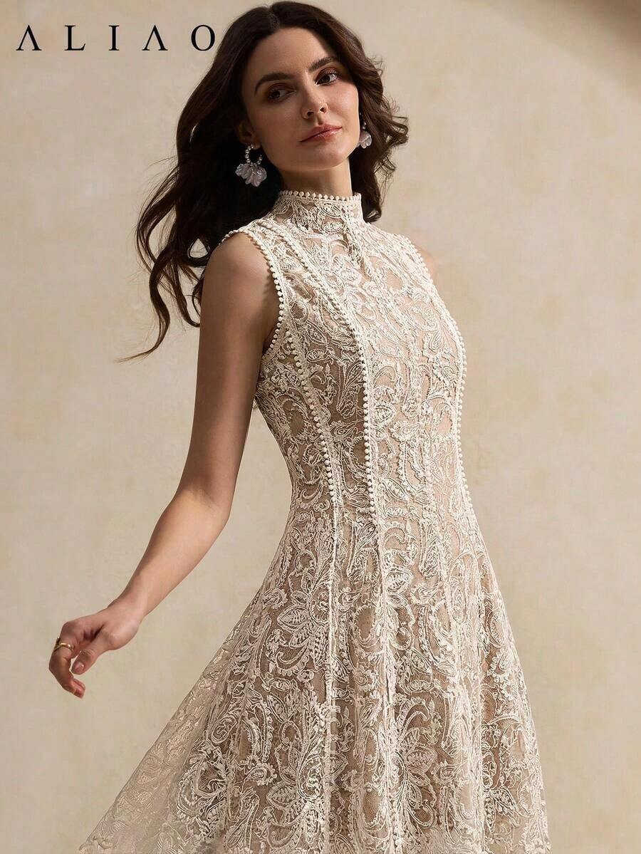 Vestido transparente con empalme de malla y bordado de paisley elegante de Aliao, adecuado para la temporada de bodas, el Día de San Valentín, eventos de fiesta, estilo retro, estilo palaciego, atuendo llamativo, uso diario elegante, primavera/verano - Albaricoque - Ver 1
