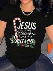 Ropa de mujer a la moda, estampada con "Jesús es la razón de esta temporada", con motivos de bastones de caramelo y flores de acebo, camiseta casual de manga corta estampada, ropa casual deportiva de uso diario para mujer. - Negro - Ver 7