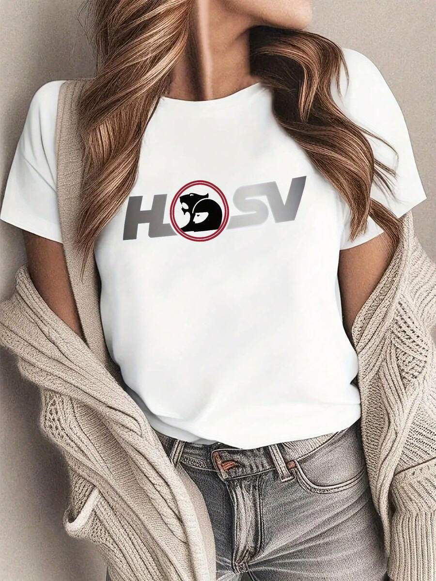 Playeras de mujer minimalistas con estampado de letras HSV y patrones, camiseta creativa de manga corta para mujer - Ropa casual de cuello redondo para las cuatro estaciones, transpirable, para verano, primavera y otoño, tallas S-XXL disponibles. Blusas casuales para dama. - Blanco - Ver 1