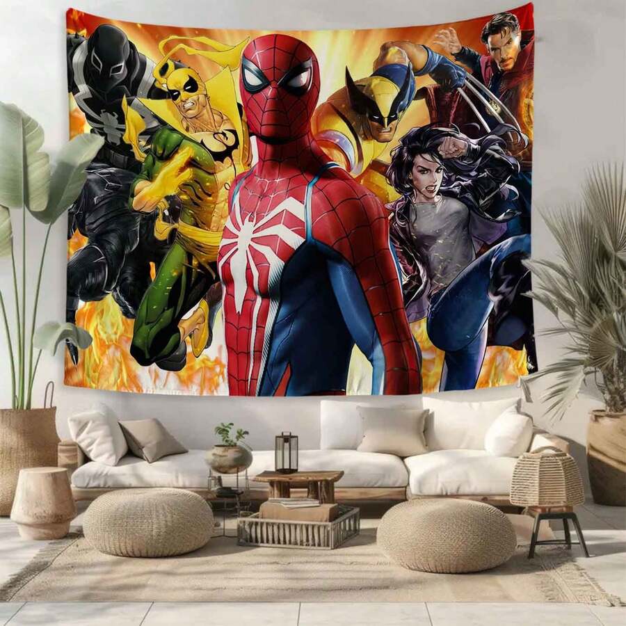1pc M-Arvel Superheroes Tapestry, S Pider Man I-Ron Man H Ulk C Aptain A-Merica Thor Team Graphic, Retro Comic Style Wall Hanging, Vibrant Art Decor For Home Living Room Bedroom Dorm, Aesthetic Room Setup, Photo Background, Large Wall Art - Nhiều màu - Xem 1